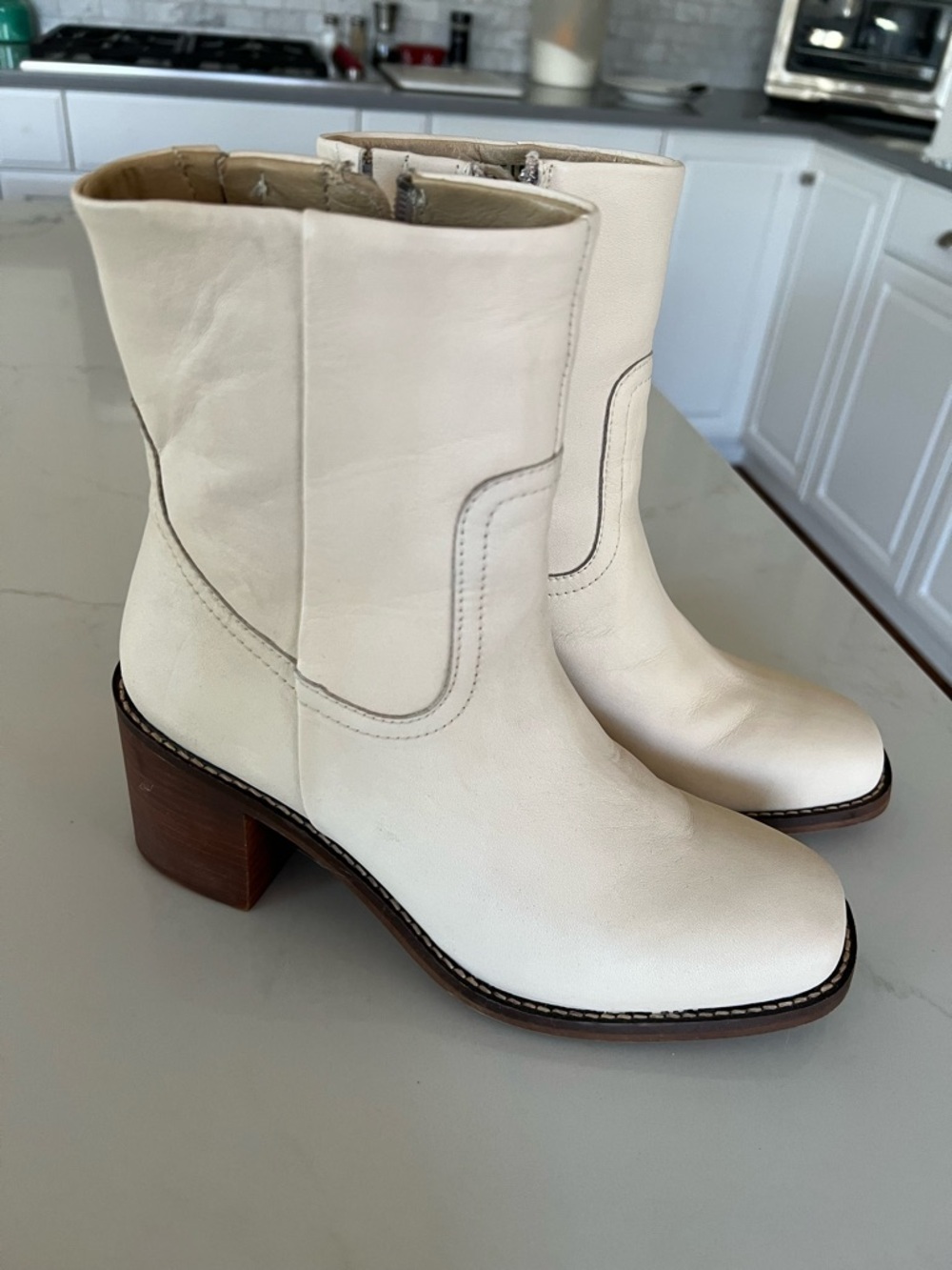 Portland Leather White/Cream Mid-Calf Block Heel Boots